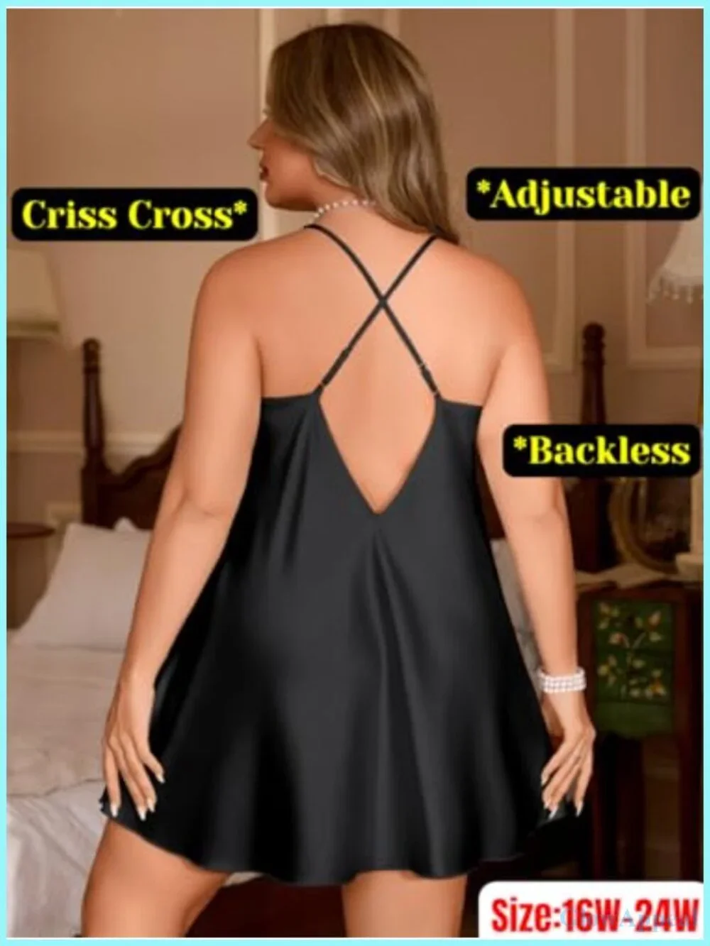 Plus Size Satin Nightgown, Crisscross Backless A-Line Mini Slip Dress, Wedding